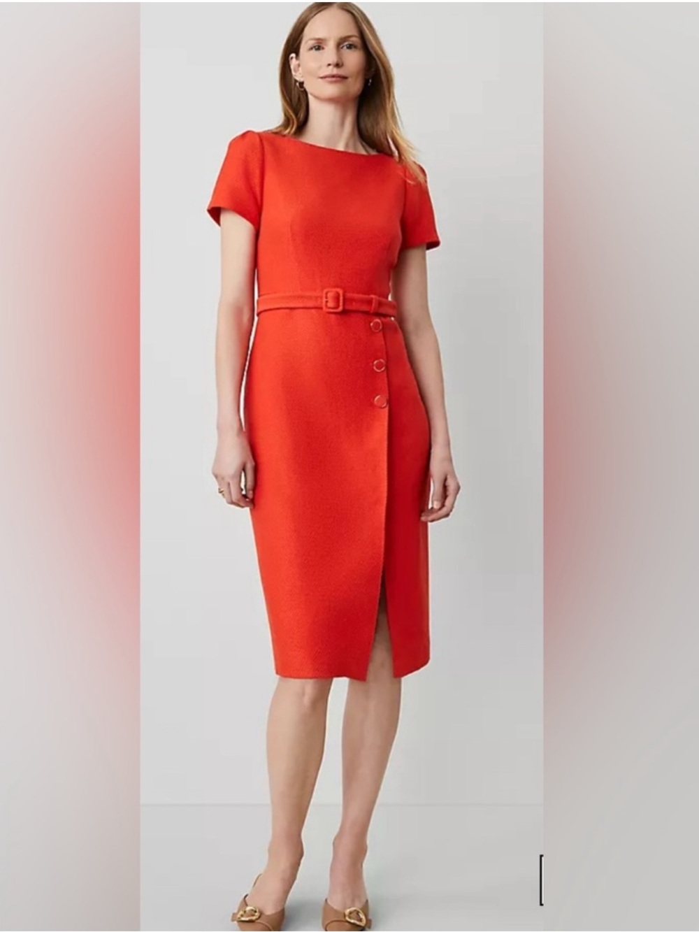 Ann Taylor Size 16 Belted Red Orange Tweed Midi Sheath Dress